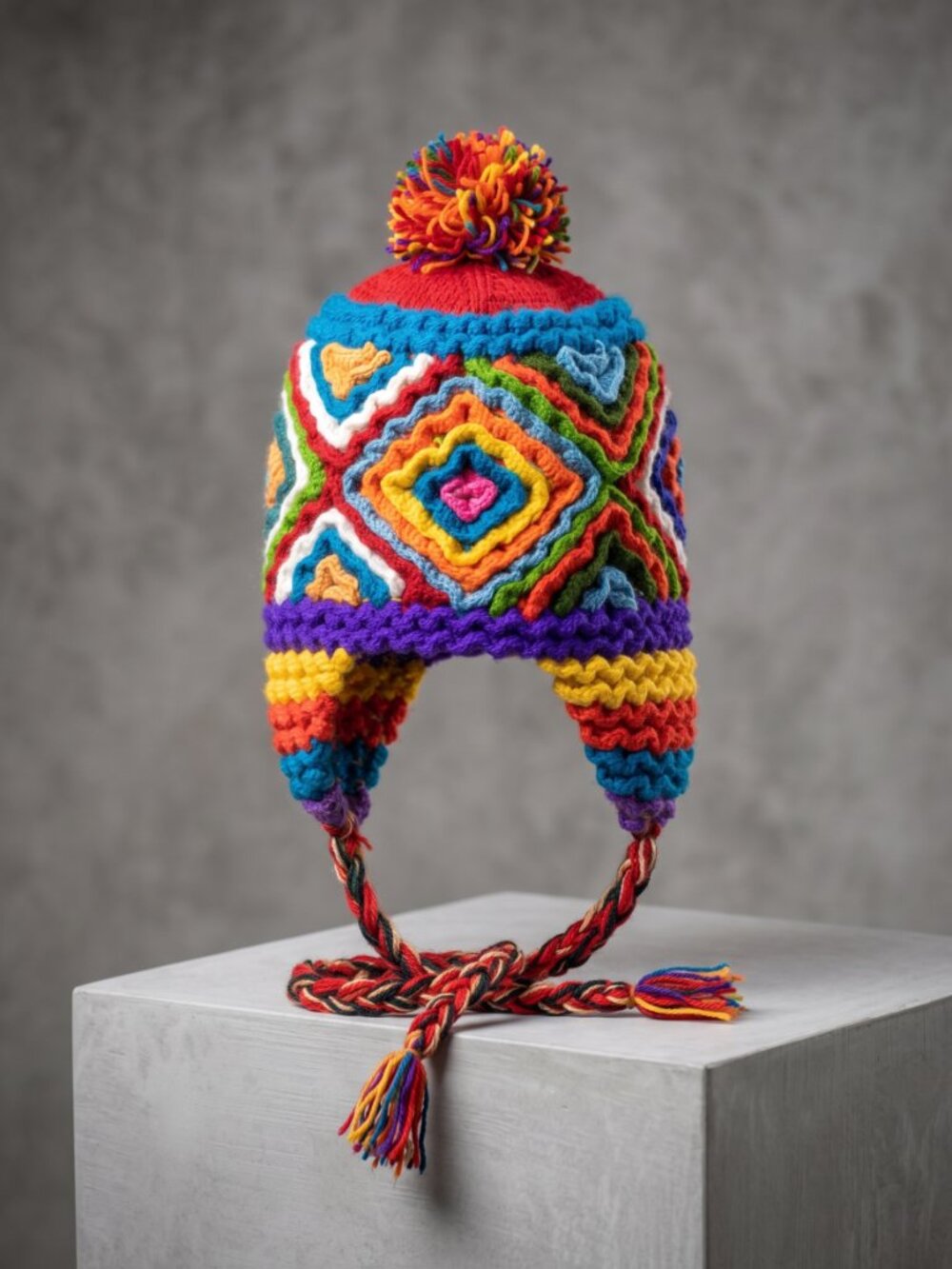 Hand-Knitted Andean Chullo Hat – Multicolor with Geometric Patterns and Earflaps